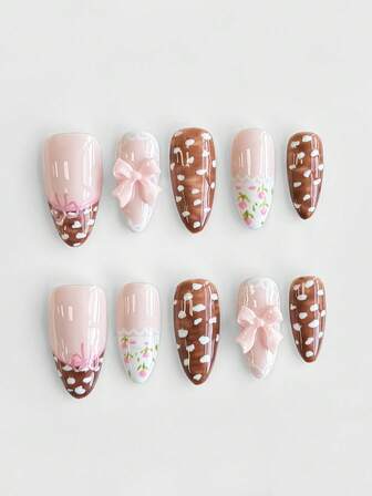 Anime 10pcs Cute Bowknot Music Note Star Element High Quality Handmade False Nails + 3pcs Double-Sided Adhesive, Y2K French Style Rhinestone Chain Polka Dot Removable Nail Art Stickers, Suitable For Holidays, Parties, Dancing And Daily Wear