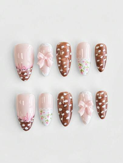 Anime 10pcs Cute Bowknot Music Note Star Element High Quality Handmade False Nails + 3pcs Double-Sided Adhesive, Y2K French Style Rhinestone Chain Polka Dot Removable Nail Art Stickers, Suitable For Holidays, Parties, Dancing And Daily Wear