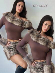 Firerie Elegante, romántico, lujoso, vintage, moda callejera, fiesta, urbano, chic, hombro oblicuo, cuello de piel sintética, manga ajustada, camiseta de manga larga con puños de piel sintética de corte ajustado para mujer, otoño/invierno