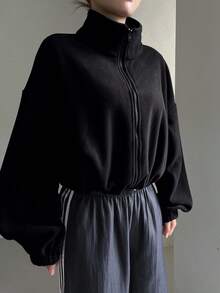 DAZY 女士立领下摆褶饰保暖内衬夹克，加厚冬季外套，秋季女装 - 黑色 - 查看 3