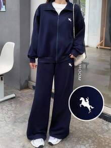 SHEIN 少女骑士印花长袖拉链领运动衫和裤子休闲套装，秋冬 - 深灰色 - 查看 2