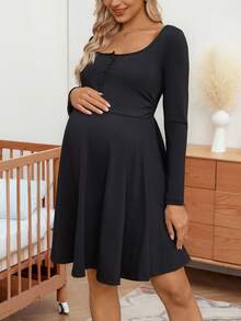 SHEIN Maternity Stylish Elegant Minimalist Button Half-Placket Long Sleeve Casual Dress - Black - View 5