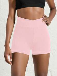 SHEIN Tween Girls Solid Color Casual Legging Shorts, High Waist, 4-Way Stretch, High Elasticity, Suitable For Activewear, Cycling, Running, Training - Pink - View 4