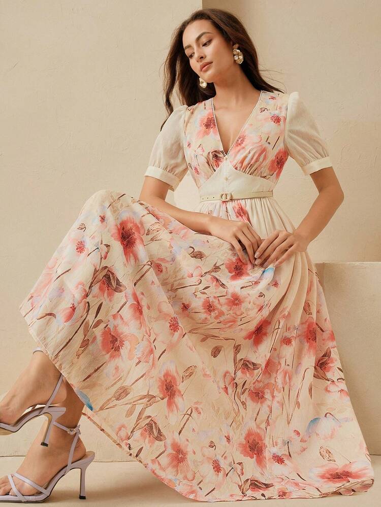 Elegant Floral Print Flowy Midi Dress For Women