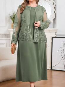 Modelyn Große Größen Lässiges, locker sitzendes, einfarbiges Ärmelloses Top und Langarm Cardigan 2 Stücke Set - Grün - Übersicht 7