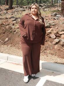 Enliva Melanieangelese 2pcs Plus Size Women's Solid Color Button-Front Long Sleeve Blouse And Pants Set, For Apple Rounded Body Shape - Rust Brown - View 3