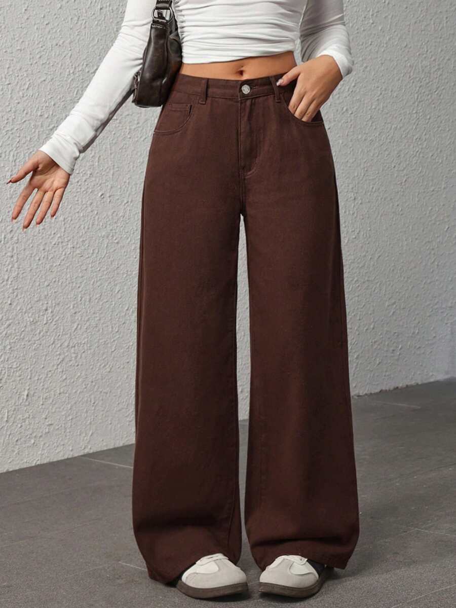 SHEIN PETITE Jeans casuales y versátiles de pierna ancha y bolsillos para mujer - Marrón - Ver 1