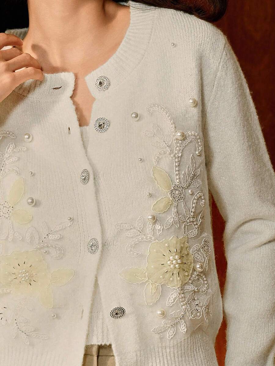 Anewsta 2pcs Off-White Knitted Set With Pearl Beaded & Lace Trim,Round Neck Elegant Autumn Outfit For Date Night,Wedding,Party,Chic Stylish Cozy For Winter - Apricot - View 1