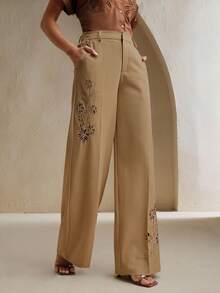Anewsta 时尚镂空刺绣女士西装裤 - 卡其色 - 查看 7