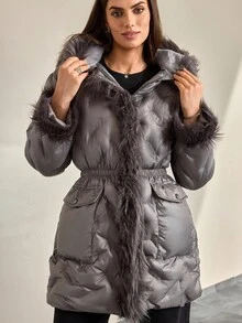 CLARA VERO Women's Padded Coat With Faux Fur Hood – Warm Winter Quilted Jacket - Dark Grey - View 1