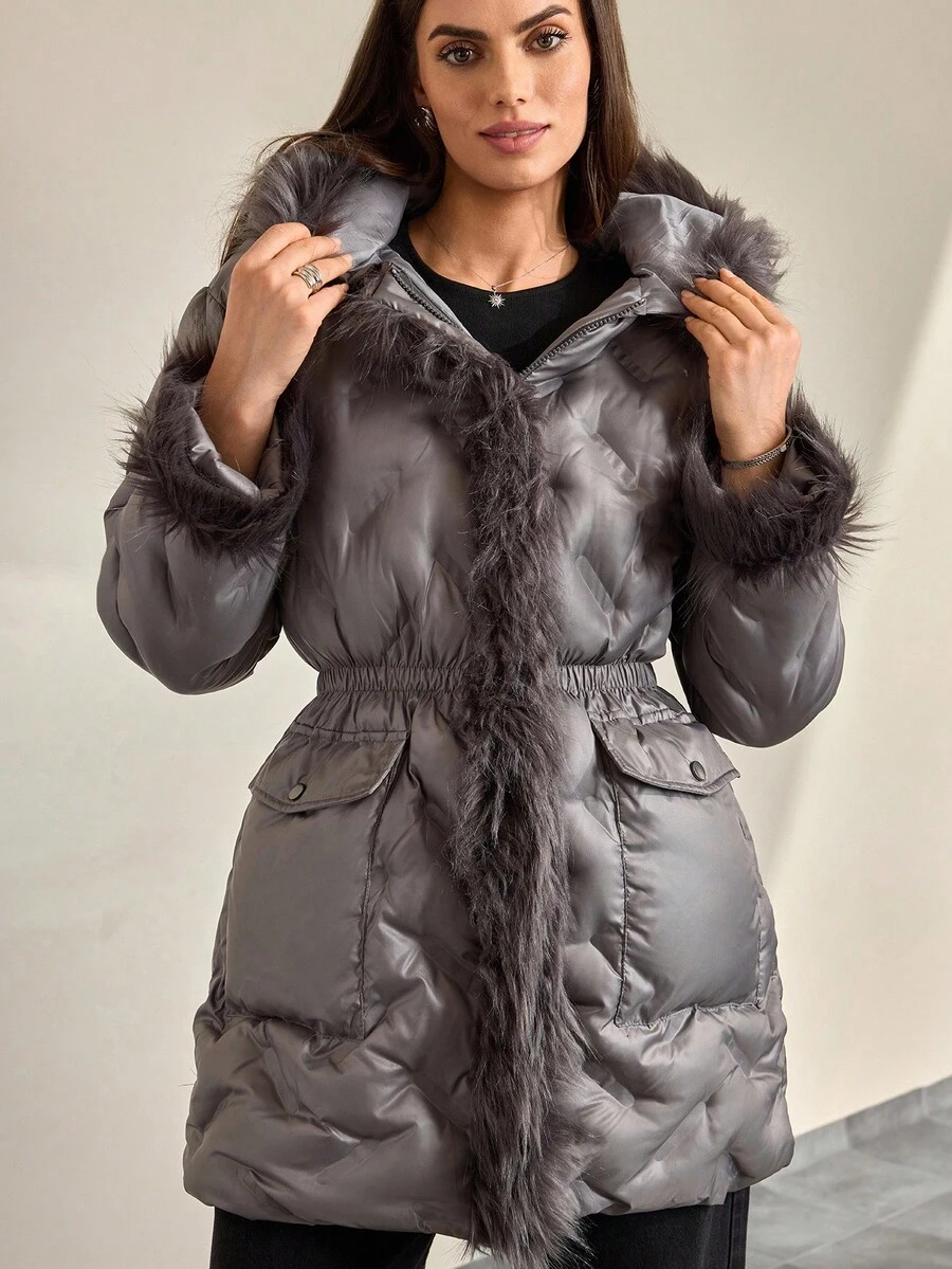 CLARA VERO Women's Padded Coat With Faux Fur Hood – Warm Winter Quilted Jacket - Dark Grey - View 1