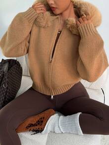 SHEIN Dewbera 女士仿毛领长袖连帽针织开衫，舒适棕色秋季开衫 - 卡其色 - 查看 7