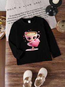 Sparklyn Kleine Mädchen Lässig Süß Ballerina & Kaffeetasse Cartoon Muster Bequemer Pullover Rundhals Langarm T-Shirt, Ballerina Cappuccina Schwarz