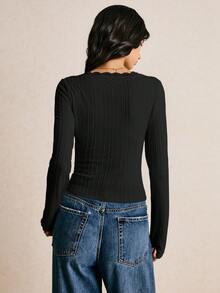 Poéselle 女式休闲纯色修身长袖T恤 - 黑色 - 查看 4