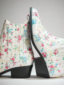 Solezae Botines de tacón grueso con estampado floral, estilo occidental casual y elegante para mujer - Beis - Ver 8