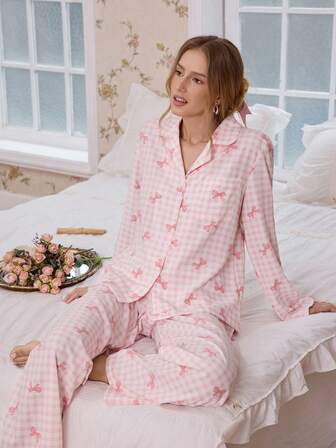 CottageSlumber Pink Plaid Bow Collar Loose Long Sleeve Top & Pants Women Pajama Set, Winter Clothes