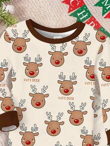 SHEIN Baby Jungen Lässige, modische, warme und bequeme klassische Weihnachts-Pyjama-Set mit Slim Fit Rundhalsausschnitt Langarmshirt und Hose, mit Motiven wie Weihnachtsbaum, Weihnachtsbär und Weihnachtsreh, geeignet für Herbst/Winter