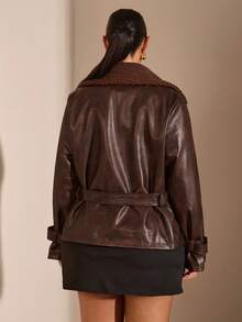 SHEIN BAE Plus Size Women Lapel NeckLong Sleeve Belted Fashionable Faux Fur Jacket, Autumn/Winter