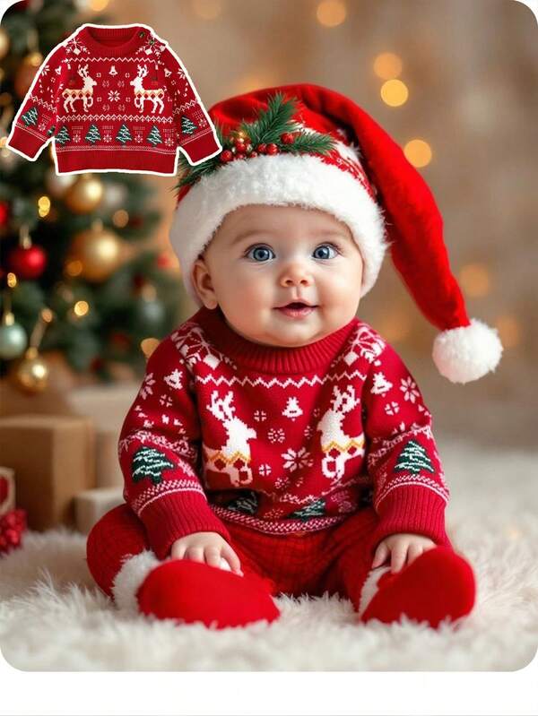 SHEIN Jersey de punto de cuello redondo con estampado de ciervos para recién nacida, ropa casual de manga larga para otoño e invierno