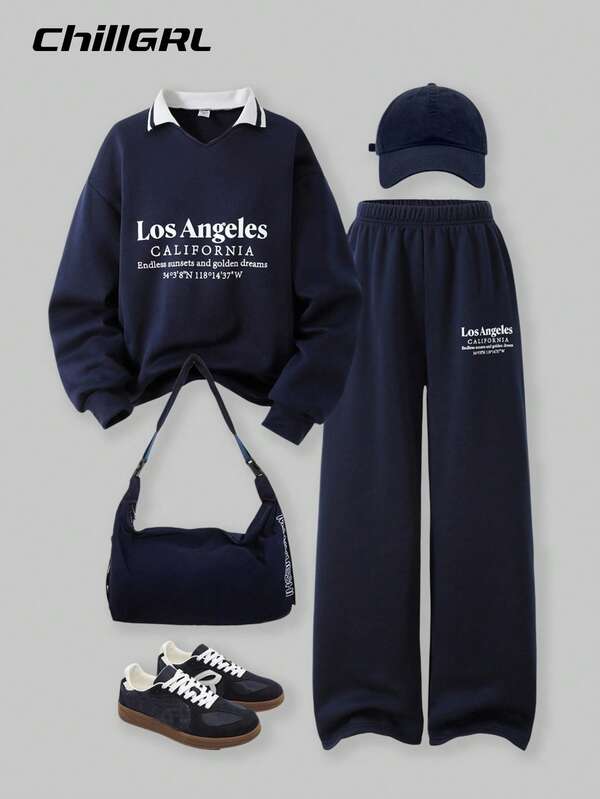 SHEIN Teen Girls 2 Pieces Set: Solid-Color Polo Sweatshirt With Letter Print + Loose-Fit Sports Sweatpants, Casual Autumn & Winter Outfit Combination