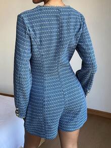 Siren Gaze Women's Blue Denim Jumpsuit, Elegant French Style Suit, Exquisite Jacquard Denim Material, Long Sleeve Sexy Jumpsuit #ChicAutumn Winter