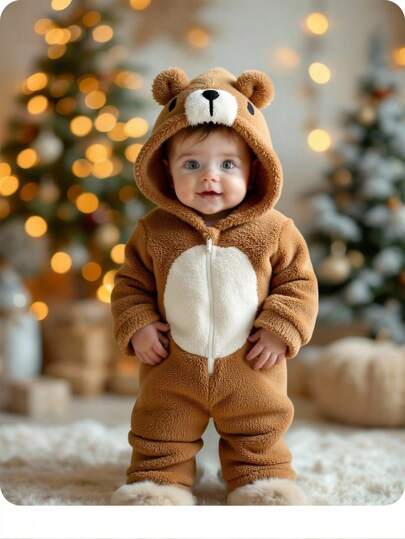 Baby Boy Cute Colorblock Plush Cartoon Hooded Jumpsuit, Autumn/Winter Baby Boy Cartoon Bear Pattern With 3D Ears Hooded Plush Thick Jumpsuit Cute Color Block Plush Cartoon, Autumn And Winter Style, Suitable For Wearing At Home Or Outside During Autumn And Winter Seasons, Perfect For Indoor Home Use, Outdoor, Daily Wear, Sports, Play, Parties, Photo Shoots, Vacations, And Holidays Fall