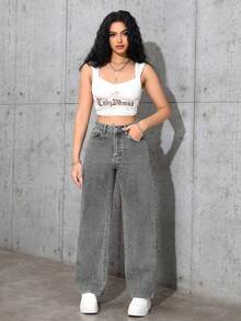 SHEIN PETITE 女式高腰口袋阔腿宽松休闲牛仔裤 - 灰色 - 查看 3