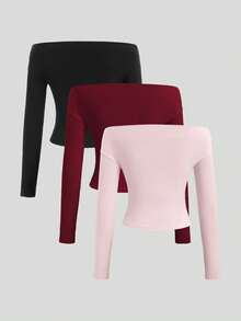 Sweetra 3件套女士百搭露肩长袖短款上衣，舒适亲肤，修身 - 彩色 - 查看 2