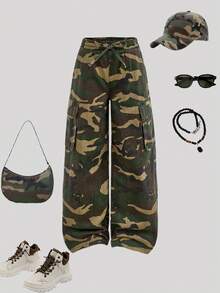 SHEIN Girlism Tween 女童 Y2K 美式学院风休闲迷彩树棕色印花宽松高腰阔腿牛仔裤，蝴蝶结抽绳腰部蝴蝶结，女童秋冬装街头服饰，返校返校服装，圣诞服装万圣节服装，猎豹裤，豹纹裤，豹纹裤，宽松裤 - 軍綠色 - 查看 1