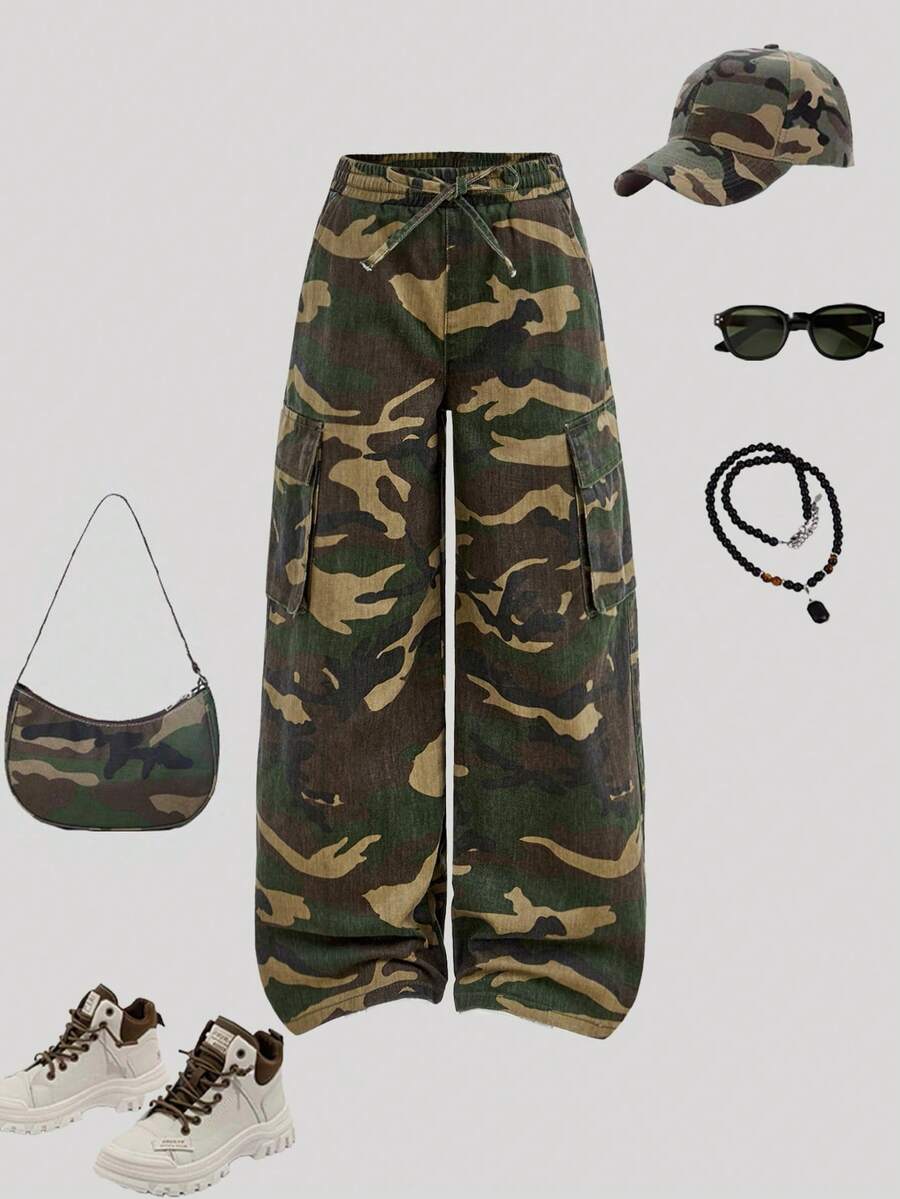 SHEIN Girlism Tween 女童 Y2K 美式学院风休闲迷彩树棕色印花宽松高腰阔腿牛仔裤，蝴蝶结抽绳腰部蝴蝶结，女童秋冬装街头服饰，返校返校服装，圣诞服装万圣节服装，猎豹裤，豹纹裤，豹纹裤，宽松裤 - 軍綠色 - 查看 1