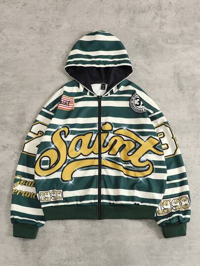 Street Life Sudadera con capucha casual de manga larga con cremallera y rayas con letras para hombre