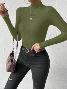 SHEIN Jersey de cuello alto de unicolor informal, otoño/invierno - Verde - Ver 5