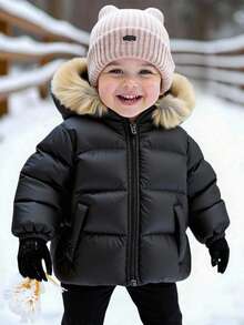 SHEIN 男女通用婴儿幼儿可爱休闲保暖内衬黑色连帽夹克滑雪外套，婴儿冬装 - 彩色 - 查看 1