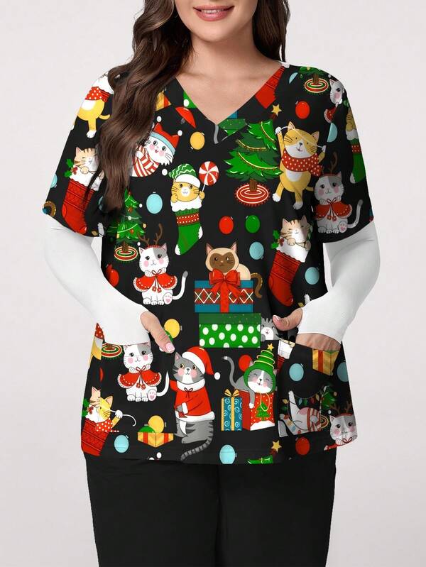 PopScrub Plus Size Women Christmas Cat Unwrapping Gift, Christmas Tree & Lights Print V-Neck Short Sleeve Tunic Top With Pockets & Earholes, Suitable For /Nursing Uniforms