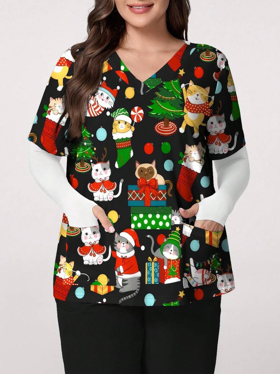 PopScrub 加大码女式圣诞猫拆礼物、圣诞树和彩灯印花 V 领短袖束腰上衣，带口袋和耳孔，适合护士制服 - 彩色 - 查看 1