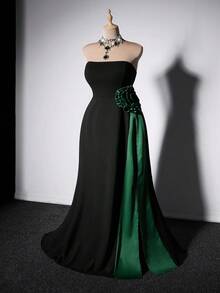 Grovea Plus Size Women's Elegant Floral Jacquard Strapless A-Line Maxi Dress For Party, Banquet, Gathering