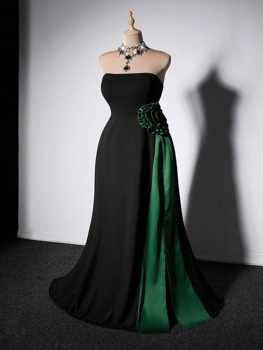 Grovea Plus Size Women's Elegant Floral Jacquard Strapless A-Line Maxi Dress For Party, Banquet, Gathering