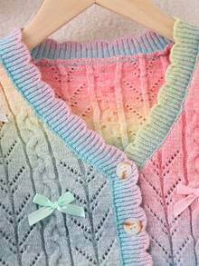 SHEIN Playful Pals 女童随机渐变镂空扭结缎带蝴蝶结纽扣针织开衫，柔软舒适，适合日常、户外、旅行、度假、居家、托儿所、女童玩耍穿着，秋冬季圣诞节万圣节毛衣 - 彩色 - 查看 5