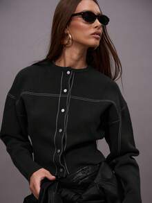 MUSERA 圆领按扣前襟修身腰部撞色缝线针织毛衣，适合冬季夜间外出、街头风、可爱返校季、性感春季穿着。 - 黑色 - 查看 2