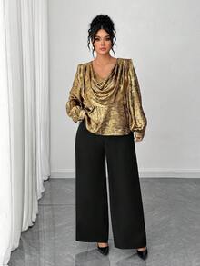 Elenzga Conjunto de 2 peças feminino plus size, elegante, cor metálica, manga comprida, gola alta, calça larga, cintura alta, fluido, cor contrastante, adequado para outono/inverno, volta às aulas, formatura, feriados, dia dos namorados, Natal, festivais de música, dia das mães, Halloween, Ação de Graças, Páscoa, Dia Nacional, galas, encontros, festas, casamentos, passeios - Multicolorido - Ver 3