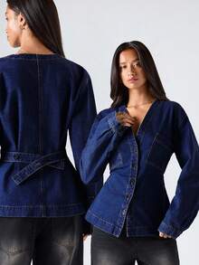 LYSMO Women's Fashion Waist Cinched Denim Blouse - Dark Wash - View 7