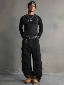 AXEPEAK 男士几何印花圆领插肩长袖休闲T恤，秋季款 - 黑色 - 查看 6