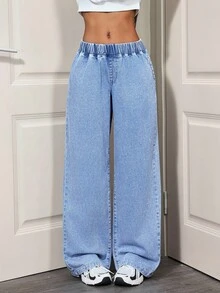 SHEIN Tall 女式低腰休闲百搭阔腿宽松梭织拉绒牛仔裤 - 淺色水洗藍 - 查看 7