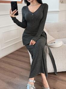 Feyla 女式休闲罗纹腰带连衣裙 - 深灰色 - 查看 5