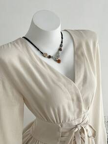 Elamini Women's Solid Color Waist Tie Long Sleeve Ruffle Hem Fashion Blouse