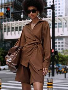 Lumivelle Women's Elegant Coffee Brown Blouse,Autumn Office Regular Fit X-Shaped Shirt Collar Drop Shoulder Long Sleeve Waist Fold Pleated Splice Belt Blouse - Brown - View 5