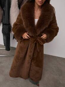 SHEIN BAE Women's Solid Color Shawl Collar Long Sleeve Pocket Belt Design Long Faux Fur Fashion Jacket Brown Outfits For Women Luxury Clothes For Women Brown Clothes Women Winter Clothes - Mocha Brown - View 5