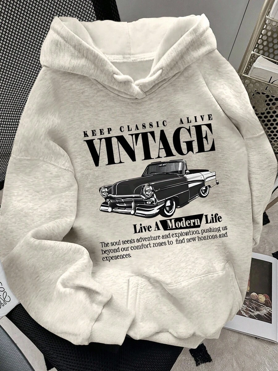 SHEIN 女士秋冬标语及汽车图案印花保暖休闲卫衣，圣诞节 - 淺灰色 - 查看 1