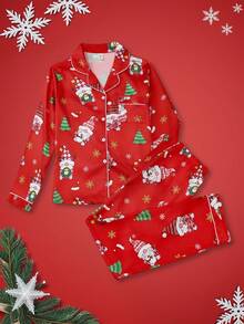 Teen Girl Christmas Tree & Snowflake Print Lapel NeckLong Sleeve Button-Up Top And Pants Pajama Set - Multicolor - View 1