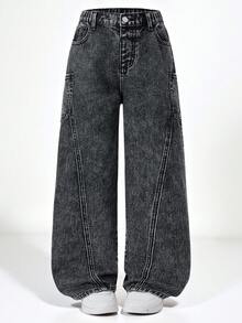 SHEIN Explorewe 青少年男孩牛仔裤，休闲做旧浅灰色牛仔裤，学院风街头服饰，舒适棉混纺，适合户外、学校、派对、返校季 - 灰色 - 查看 4